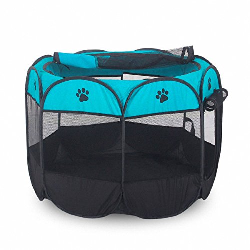 MiLuck Animal de compañía portátiles plegables Playpen, ejercicio de 8 paneles de la perrera de malla cubierta de la sombra interior / al aire libre tienda de cercas para perros gatos (S-Azul)