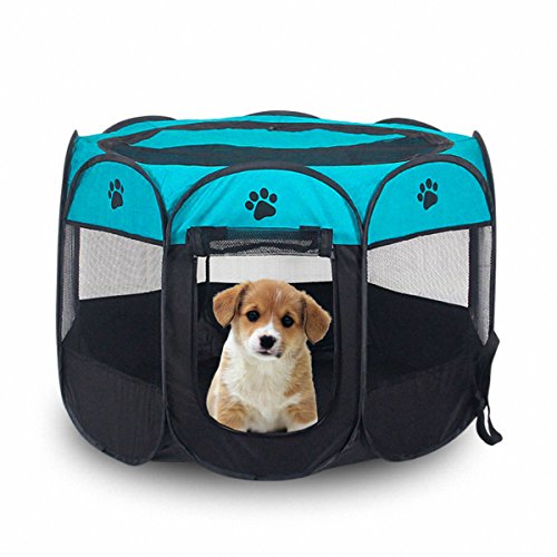 MiLuck Animal de compañía portátiles plegables Playpen, ejercicio de 8 paneles de la perrera de malla cubierta de la sombra interior / al aire libre tienda de cercas para perros gatos (S-Azul)