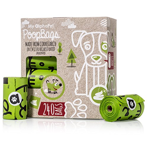 My AlphaPetBolsas Caca Perro Biodegradables – Respetuosa con el Medio Ambiente – EN13432 La Mejor Valorada – 16 Rollos 240 Bolsitas – Tamaño Grande 23x33cm – Bolsas Caca Perro Anti Goteo