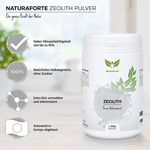 NaturaForte Polvo de zeolita 500g - Clinoptilolita 95%, molido Extra Fino de Primera Calidad, sin aditivos, Roca volcánica Pura y Natural. Probado y controlado en Alemania