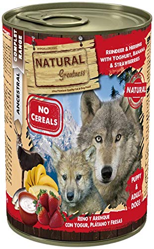 Natural Greatness Comida Húmeda para Perros de Reno y Arenque con Yogur, Banana y Fresas. Pack de 6 Unidades. 400 gr Cada Lata