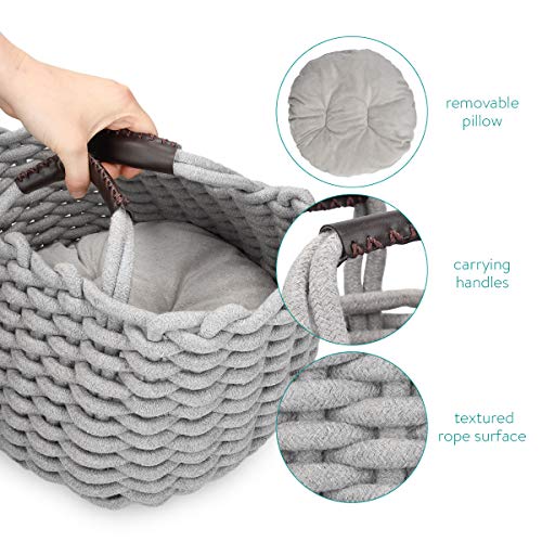 Navaris Cama para Gatos pequeños - Cesta Redonda de algodón Trenzado para Mascotas con Asas y cojín Desmontable - Cesta Gris para Perros y Gatos