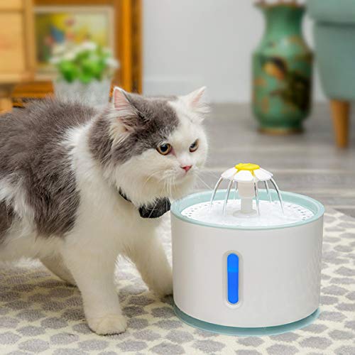 OurLeeme Fuente de Agua para Mascotas, Fuente para Gatos, 2.4L Perro Gato Fuente de Mascotas Dispensador de Agua automático Silenciador Activado con Cable USB (con Cabeza de Flor)