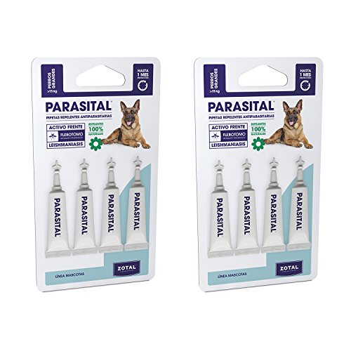 Parasital Pipetas Antiparasitarias para Perros Grandes de más de 15 kg - Pack de 8x5ml de Zotal - Activo Contra Leishmaniasis y demás Mosquitos, Pulgas y Garrapatas - Repelente 100% Natural