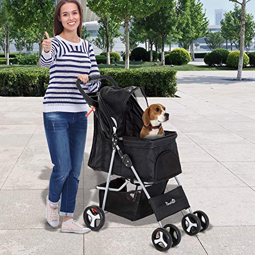 Pawhut Cochecito Plegable Mascotas 84x48x95cm Perro Gato Carrito Ruedas Giran 360º con Freno Negro