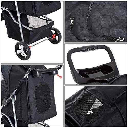 Pawhut Cochecito Plegable Mascotas 84x48x95cm Perro Gato Carrito Ruedas Giran 360º con Freno Negro