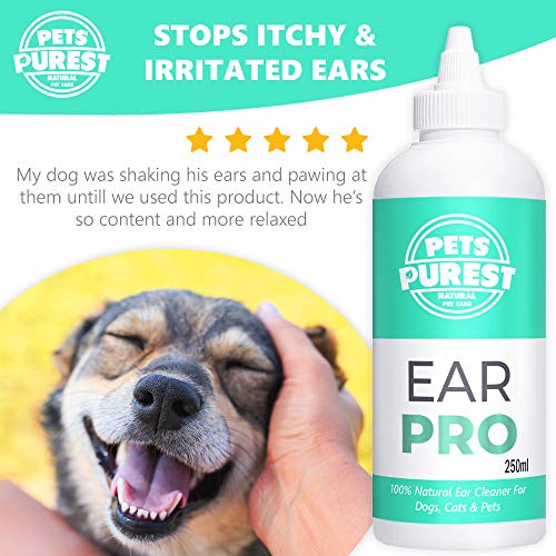 Pets Purest 100% Natural Limpiador de Oidos para Perros (250ml) con fórmula antihongos Repelente de ácaros picazón, Olor a mugre y Oreja desapareció en 2-3 días para Perros, Gatos y Mascotas