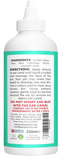 Pets Purest 100% Natural Limpiador de Oidos para Perros (250ml) con fórmula antihongos Repelente de ácaros picazón, Olor a mugre y Oreja desapareció en 2-3 días para Perros, Gatos y Mascotas