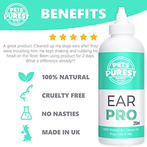 Pets Purest 100% Natural Limpiador de Oidos para Perros (250ml) con fórmula antihongos Repelente de ácaros picazón, Olor a mugre y Oreja desapareció en 2-3 días para Perros, Gatos y Mascotas