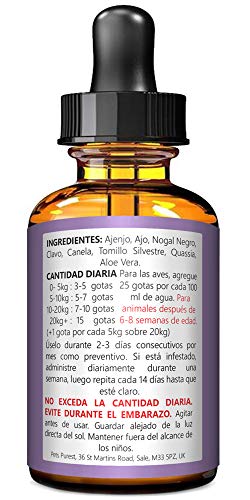 Pets Purest Desparasitante antiparasitario 100% natural para perros, gatos, aves, conejos y mascotas Elimina todos los gusanos lombrices intestinales anquilostomas gusano látigo 1-2 años de suministro