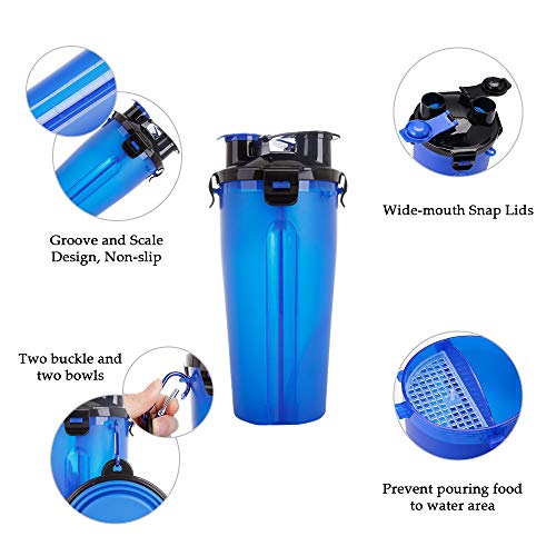 Powerking Botella de Agua para Perro, 350ml 2 en 1 PP para Mascotas, y Botella para Perro con 250 g Contenedor de alimento para Mascotas para Caminar/Viajar, tazones Plegables para Perros(Azul)