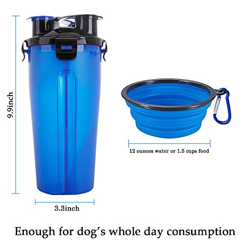 Powerking Botella de Agua para Perro, 350ml 2 en 1 PP para Mascotas, y Botella para Perro con 250 g Contenedor de alimento para Mascotas para Caminar/Viajar, tazones Plegables para Perros(Azul)