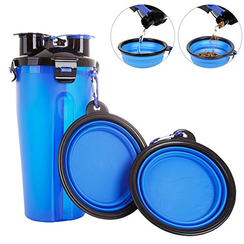 Powerking Botella de Agua para Perro, 350ml 2 en 1 PP para Mascotas, y Botella para Perro con 250 g Contenedor de alimento para Mascotas para Caminar/Viajar, tazones Plegables para Perros(Azul)