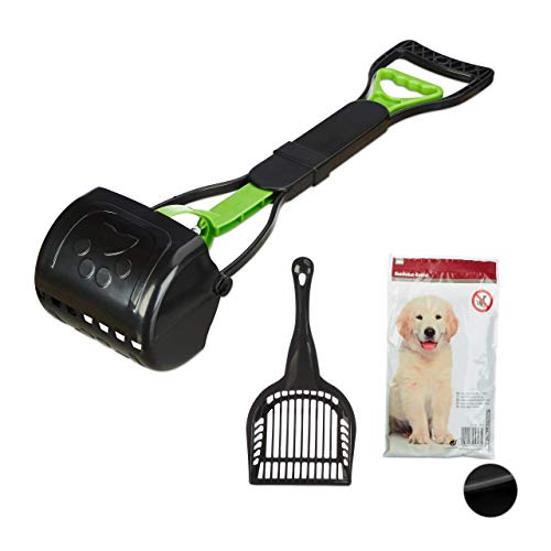 Relaxdays Recoge Cacas de Perros + 40 Bolsas, Recogedor, Pinza, Pala Excrementos, PP-Hierro, 1 Pack, 60 cm, Negro-Verde