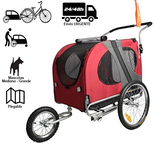 Remolque de bicicleta para mascotas ( perros medianos - grandes). Remolques con rueda delantera Jogger 12”. Barra de remolque + Pieza de enganche. Remolque de perros de GRAN CAPACIDAD.(Rojo)