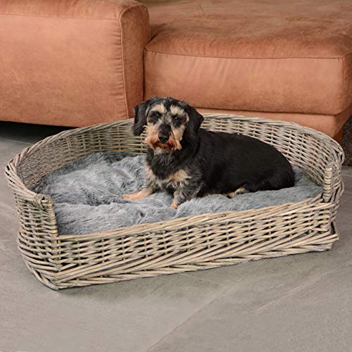 RM E-Commerce - Cama para perros con cesta de mimbre, tamaños S-XL, con cojín gris, para perros grandes y pequeños