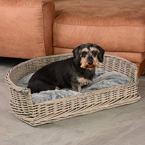 RM E-Commerce - Cama para perros con cesta de mimbre, tamaños S-XL, con cojín gris, para perros grandes y pequeños