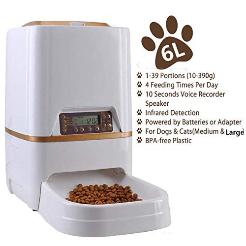 Sailnovo Dispensador Automático 6L de 4 Comidas Diarias para Mascotas Perros y Gatos, Comedero Automático con Grabación de Voz, Temporizador, Detección de Infrarrojos, Consumo de Energía Bajo