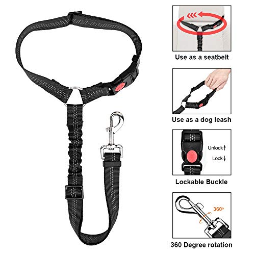 SlowTon Cinturón de Seguridad para Perros, Paquete de 2 Cinturón de Seguridad para el Asiento del cajero con Banda elástica y Reflectante Se Conecta con el vehículo con Brazo (Negro)