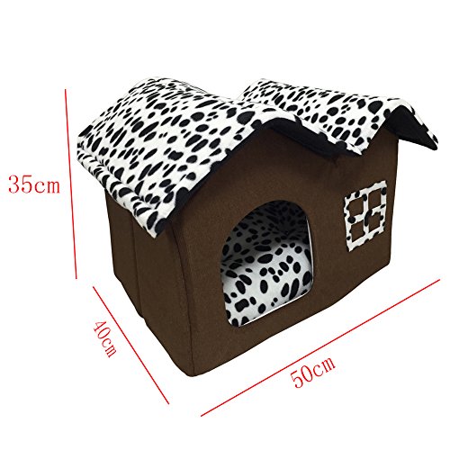 Sotoboo Cama de casa para Mascotas, Diseño de Lunares Marrones de Alta Calidad, para Interior y Interior, para Perro, Gatito o casa, Cama con Cojín Suave Extraíble para Perros Pequeños o medianos