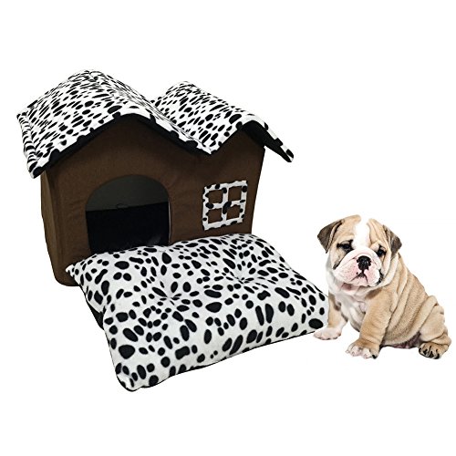 Sotoboo Cama de casa para Mascotas, Diseño de Lunares Marrones de Alta Calidad, para Interior y Interior, para Perro, Gatito o casa, Cama con Cojín Suave Extraíble para Perros Pequeños o medianos