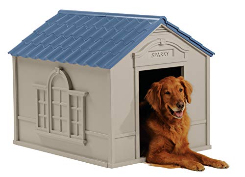 Suncast DH350 - Caseta para su Mascota de Resina Alta Densidad, Puertas con cortinillas Desmontables, 100 x 80 x 23 cm, Color Gris