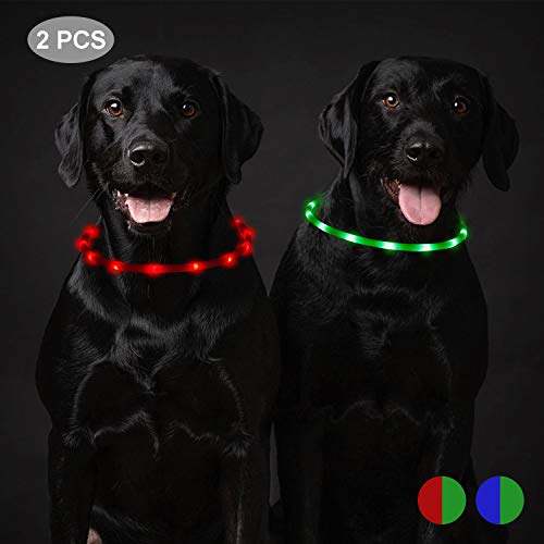 Toozey 2 Pcs Luminoso Collares para Perro LED Durante 20 Horas de Luz Continua Impermeable, USB Recargable Cortable Tira de Luz para Collar de Perro de Seguridad Nocturna - 3 Modo(Verde y Rojo)