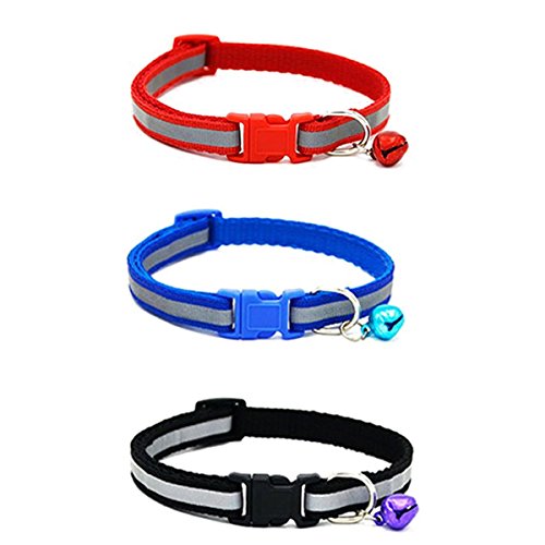 UEETEK 3pcs gato reflectante Collar con campana regulable para mascotas gatito cachorro perros pequeños (rojo + azul + negro)