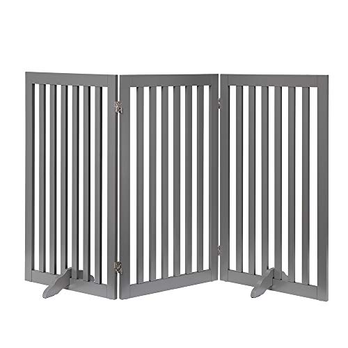 Unipaws 3 Panel 91 cm Extra Alto Puerta Grande para Mascotas Puerta de Madera Plegable para Perros Barrera Interior con 2 pies de Soporte, Gris