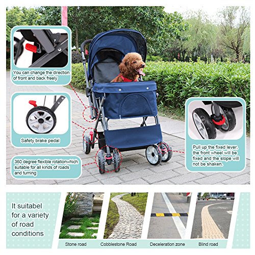 Wooce Carrito de cuatro ruedas para mascotas diseño de gatos y perros a prueba de golpes, resistente y ajustable dirección, plegable con un solo clic, instalación rápida, apto para viajes