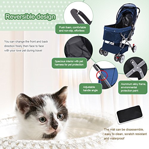 Wooce Carrito de cuatro ruedas para mascotas diseño de gatos y perros a prueba de golpes, resistente y ajustable dirección, plegable con un solo clic, instalación rápida, apto para viajes