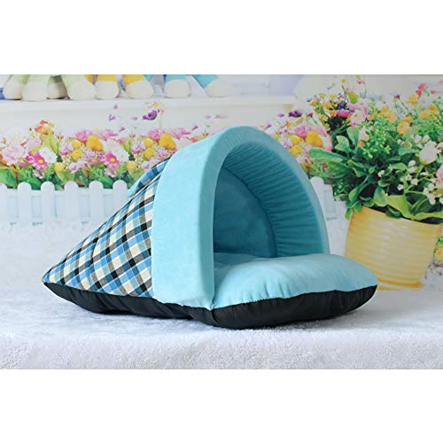 XHPWW Soft Dog Cat Bed House, Zapatillas de Estilo británico Kennel Semi-Cerrado Winter Warm Cat Nest Colchón Suministros para Mascotas 50 * 40Cm Plaid Rojo-Blue-M