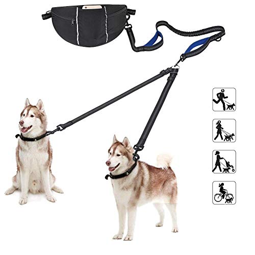 YOUTHINK Correa para Perro Doble, Correa Manos Libres de la Cintura，Correa de Perro + Correa Doble para Perros Correa Ajustable de 130 cm para Bolsillo Ideal para Correr y Andar