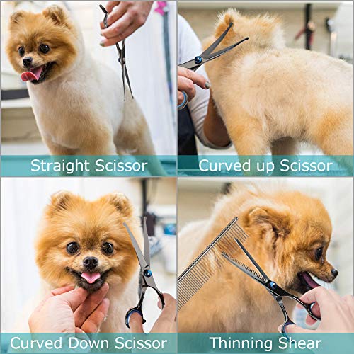 YOUTHINK Tijeras para Mascotas, 5 Piezas de Kit Profesional recortador para Mascotas de Acero Inoxidable, Utilizado para Perros o Gatos, Tijeras Rectas y Curvas con Peine para Cabello Largo y Corto