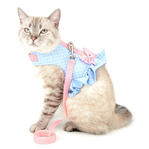 Zunea Arnés y Correa para Perro Pequeño Niña Antitirones Cachorro Chihuahua Vestido Antifugas Arnes Pecho Suave Cómodo Chaleco Floral Acolchado con Bowknot para Hembra Gato Caminar Azul S