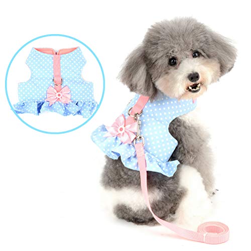 Zunea Arnés y Correa para Perro Pequeño Niña Antitirones Cachorro Chihuahua Vestido Antifugas Arnes Pecho Suave Cómodo Chaleco Floral Acolchado con Bowknot para Hembra Gato Caminar Azul S