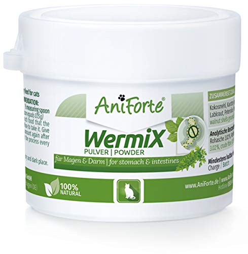 AniForte WermiX en polvo para gatos 25g - producto natural para antes, durante y después de la infestación de gusanos, el ajenjo y las hierbas naturales ayudan al estómago y el intestino