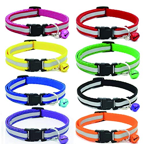 BETOY 8 pcs Collar para Gato,Collar Reflectante Gatos Pequeño, Ajustables para Gato con Campaña Luminoso Hebilla Seguro de Liberación Rápida,Etiquetas de identificación para Mascotas