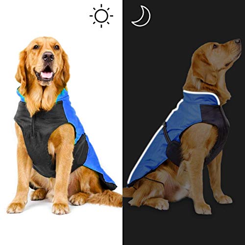 Bwiv Perro Chaqueta Gato Abrigos Mascota Ropa Impermeable Vientre Protector Reflexivo Tira Cremallera con Agujero de Correa Azul 4XL (Longitud de Espalda 60cm, Pecho 80-93cm)