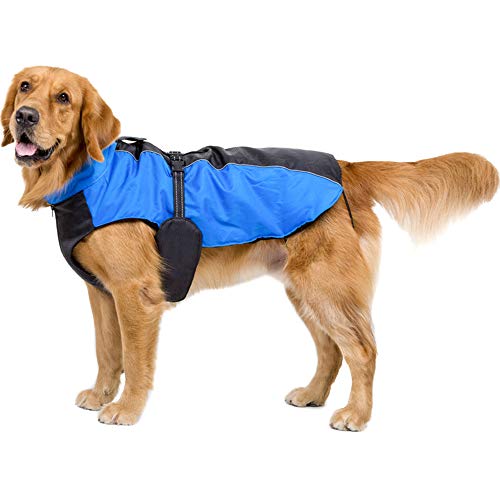 Bwiv Perro Chaqueta Gato Abrigos Mascota Ropa Impermeable Vientre Protector Reflexivo Tira Cremallera con Agujero de Correa Azul 4XL (Longitud de Espalda 60cm, Pecho 80-93cm)