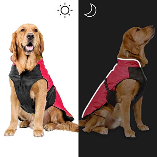 Bwiv Perro Chaqueta Gato Abrigos Mascota Ropa Impermeable Vientre Protector Reflexivo Tira Cremallera con Agujero de Correa Rojo 5XL (Longitud de Espalda 70cm, Pecho 90-103cm)