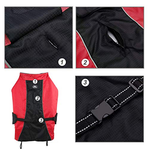 Bwiv Perro Chaqueta Gato Abrigos Mascota Ropa Impermeable Vientre Protector Reflexivo Tira Cremallera con Agujero de Correa Rojo 5XL (Longitud de Espalda 70cm, Pecho 90-103cm)