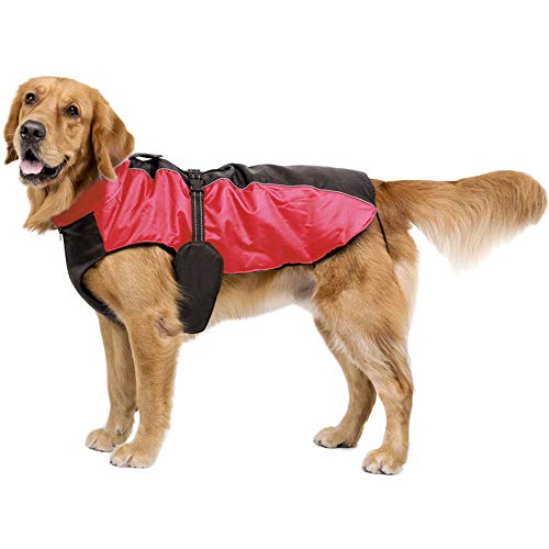 Bwiv Perro Chaqueta Gato Abrigos Mascota Ropa Impermeable Vientre Protector Reflexivo Tira Cremallera con Agujero de Correa Rojo 5XL (Longitud de Espalda 70cm, Pecho 90-103cm)