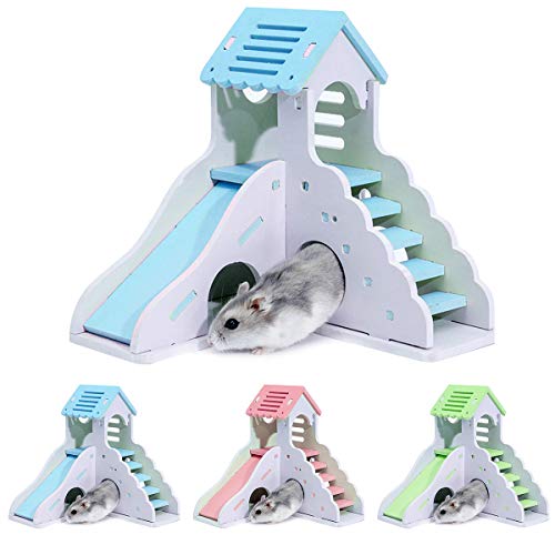 Casa de Hámster de Dos Pisos Casa de Mascotas de Animales Pequeños Villa de Hamsters Escondite de Animales Casa de Juegos para Mascotas con Tobogán de Escaleras (Azul)