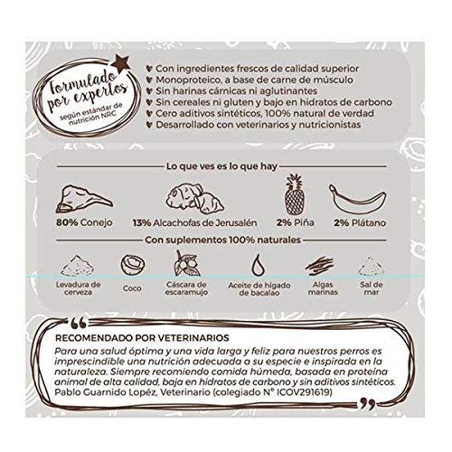 Comida húmeda para Perros (12x400g) | con 80% de Carne de Conejo | Sin Cereales | Sin Patata | Sin aditivos | Monoproteico | 12 latas de 400g