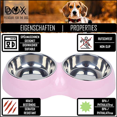 DDOXX Comedero Doble Perro, Antideslizante Tamaños | para Perros Pequeño, Mediano y Grande | Bol Accesorios Acero INOX-Idable Melamina Gato Cachorro | Rosado, 2 x 700 ml