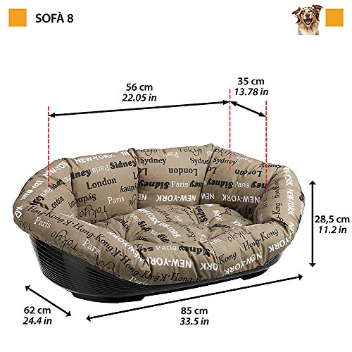 Ferplast Cama de plástico para Perros y Gatos Sofa' 8 con cojín de algodón, Cesta para Animales, Fondo Perforado, Antideslizante, Cómodo Apoyo para el mentón, 85 x 62 x h 28,5 cm Marrón