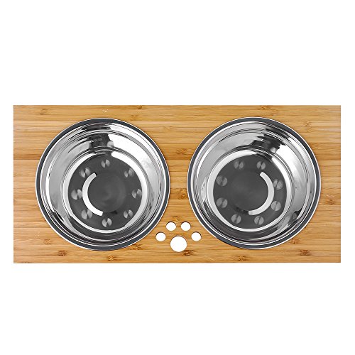 FOREYY Cajones para Perros levantados para Gatos y Perros - Cajones de Comida y Agua para Gatos con elevaciones de bambú Soportes para alimentadores con 2 tazones de Acero Inoxidable(25.5 cm)