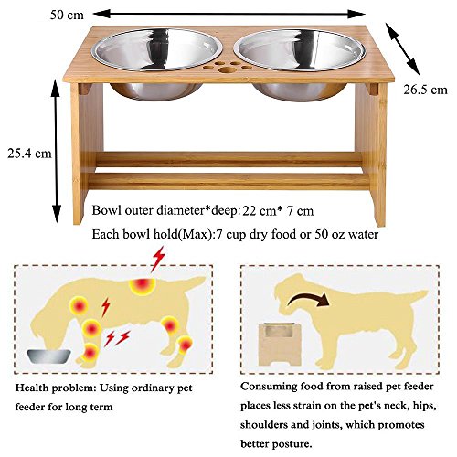 FOREYY Cajones para Perros levantados para Gatos y Perros - Cajones de Comida y Agua para Gatos con elevaciones de bambú Soportes para alimentadores con 2 tazones de Acero Inoxidable(25.5 cm)