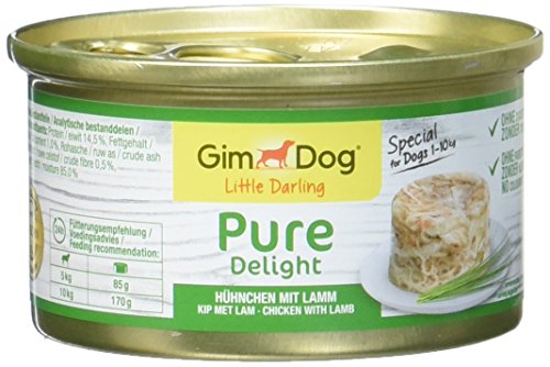 GimDog Pure Delight, pollo con cordero – Snack rico en proteínas en deliciosa gelatina – Especial para perros de hasta 10 kg – Sin azúcar añadido – 12 latas (12 x 85 g)